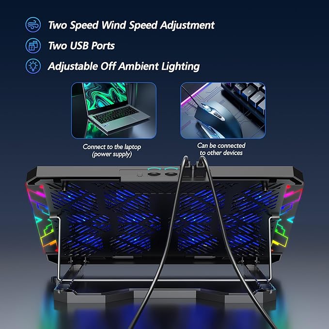 Trullypine Laptop Cooling Pad with 12 Quiet Fans, Slim Portable for 12-17.3 Inch Laptop Cooler Stand with 5 Height Adjustable, Ergonomic Gaming Cooling Fan Pad with Two USB Ports & Phone Holder (Gear)