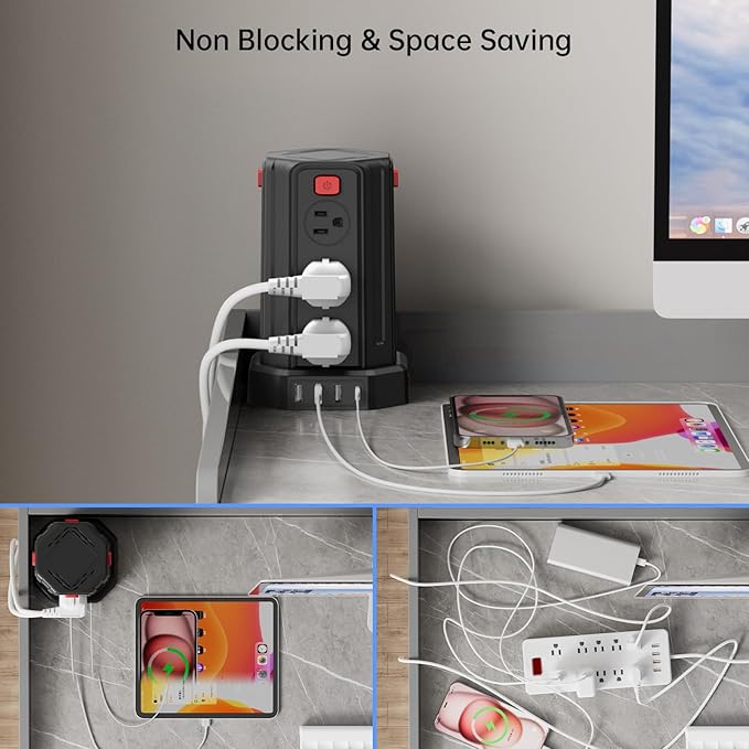 Power Strip Surge Protector, 10 Ft Extension Cord with 12 AC Multiple Outlets 4 USB (1 USB C), SMALLRT Power Tower Desktop Charging Station