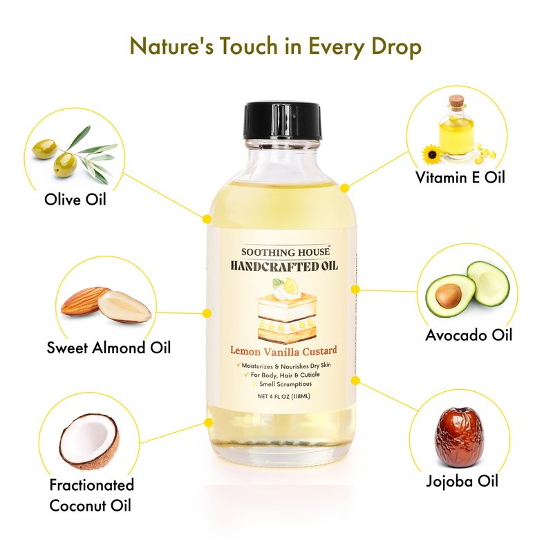 Soothing House Lemon Vanilla Custard Oil with All-Natural Moisturizing Body Oil for Soft, Glowing Skin with Almond & Jojoba Oil (4 fl oz)