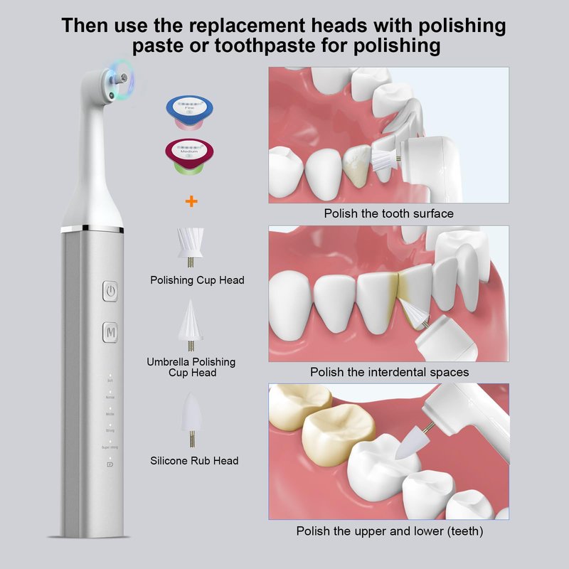 Tooth Polisher and Plaque Remover, Teeth Cleaning Tools for Cleaning and Polishing of Tooth, Dental Cleaning Tools for Brighten and Polish Teeth with 5 Brush Heads, 4 Speed Modes and 3 Polish Pastes