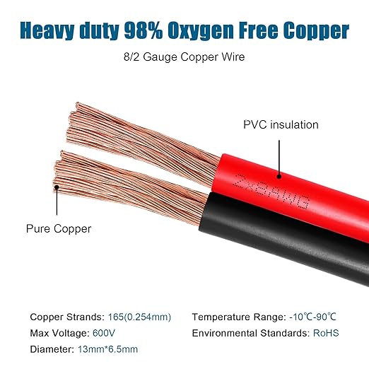 8 Gauge Wire 2 Conductors Copper Wire, 8 AWG Battery Cable Oxygen Free Copper Wire for Solar Panel, Automotive, Trailer, RV and Speaker (8 Gauge 50FT)
