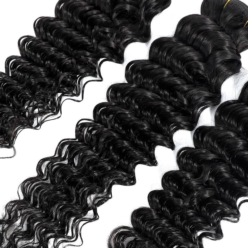 Deep Wave Human Hair Bundles 16 Inch Deep Wave Bundles 100% Unprocessed Brazilian Virgin Hair 1 Bundles Curly Bundles Hair Extensions Real Human Hair Wavy Quick Weave Bundles Natural Black