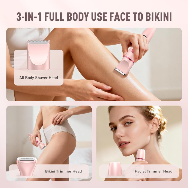 Crolanli Bikini Trimmer for Women, 3-in-1 Electric Razor, IPX7 Waterproof Ceramic Blades, Wet & Dry Use, LED Display, Painless Shaver for Bikini, Face, Underarms, Legs, Home Travel (Pink)
