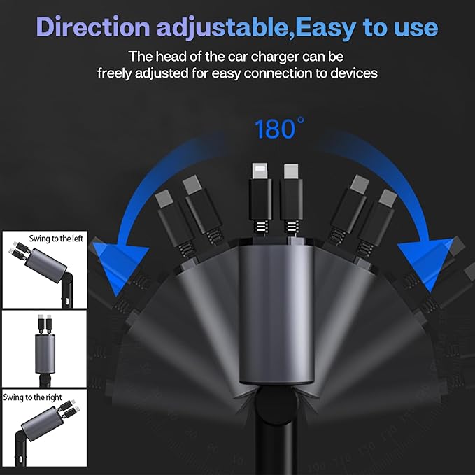 Retractable Car Charger with 100W Fast Car Charger 4 in 1 for iPhone and Type C, Retractable Cables (80cm) and 2 Charging Ports, Compatible with iPhone 15/14/13/12 Pro Max XR
