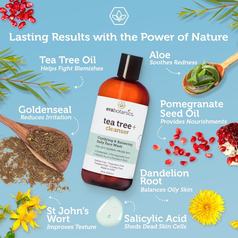 Era Organics Purifying Tea Tree Oil Face Wash - Balancing Cleanser for Oily, Blemish-Prone Skin with Salicylic Acid - Sulfate-Free, Fragrance Free, Made in USA