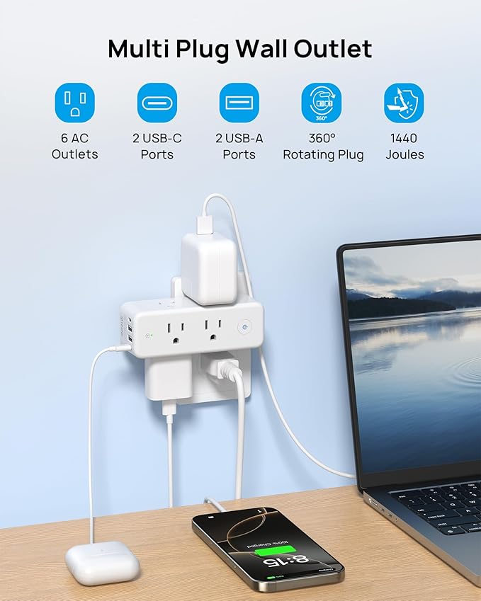 TROND Outlet Extender with 360° Rotating Plug, 6 AC Outlet Splitter with On/Off Switch, Multi Plug Adapter with PD 20W USB C, 2 USB-A & 2 USB-C, 3 Way Wall Extension Outlet for Home Office Travel