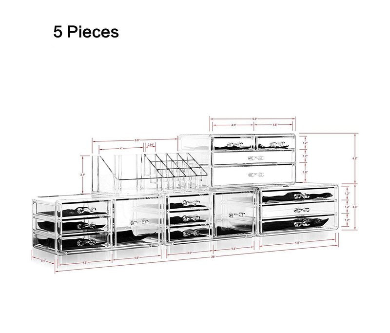 Felicite Home Acrylic Jewelry and Cosmetic Storage Makeup Organizer Set, 5 Piece，Large