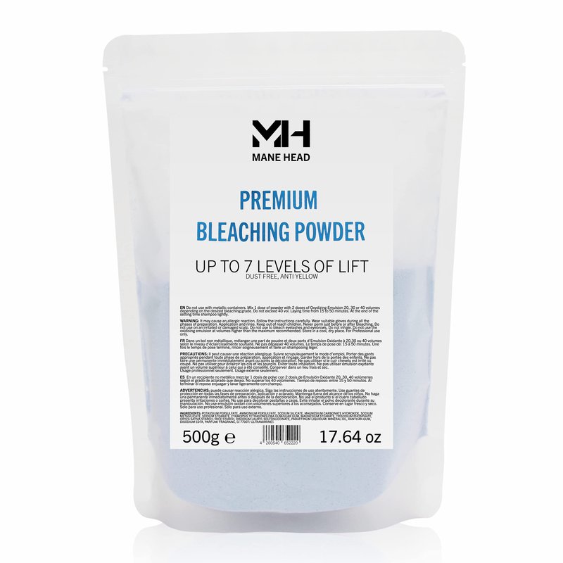 MANE HEAD Blue Premium Dust-Free Bleach Powder for Hair – Anti-Yellow Formula, Up to 7 Levels of Lift, Professional Hair Lightener & Bleach Powder – 17.64 oz / 500g