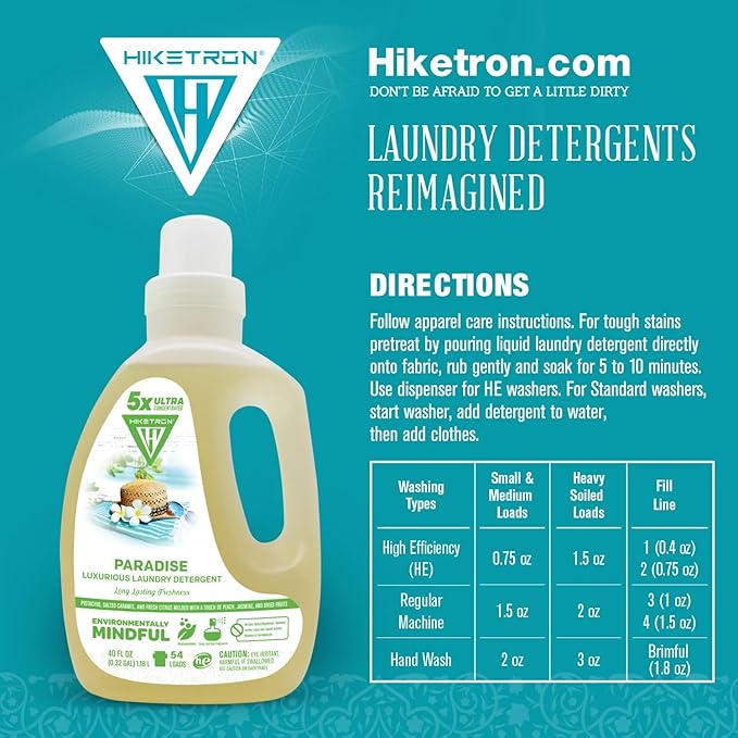 Hiketron Paradise Liquid Laundry Detergent, 5x Ultra Concentrated, Tough Stains Remover, Long Lasting Scent (40 Fl Oz, Pack of 1)