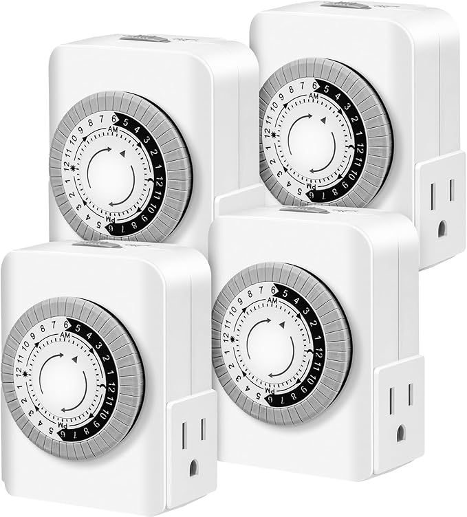 AaiVrylliz Outlet Timer,Timers for Electrical Outlets Indoor with 3-Prong Dual Outlet,24-Hour 30 Minute Daily On/Off Cycle, Plug-in Mechanical Timers for Christmas Lights, Lamps, Grow Light (4-Pack)