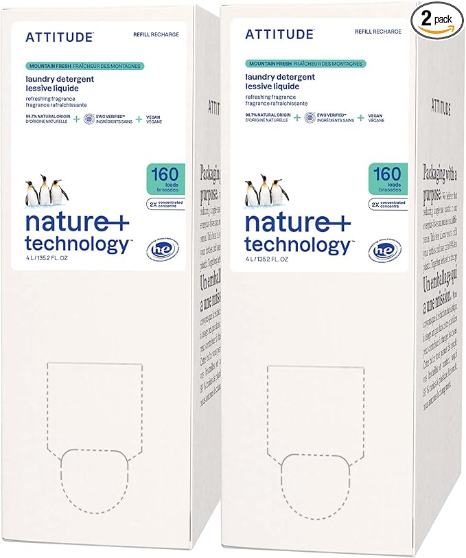 ATTITUDE Liquid Laundry Detergent Refill, EWG Verified, HE Compatible, Plant-Based & Vegan, Natural Laundry Soap, Mountain Fresh Scent, 160 Loads, 135.26 Fl Oz (Pack of 2)