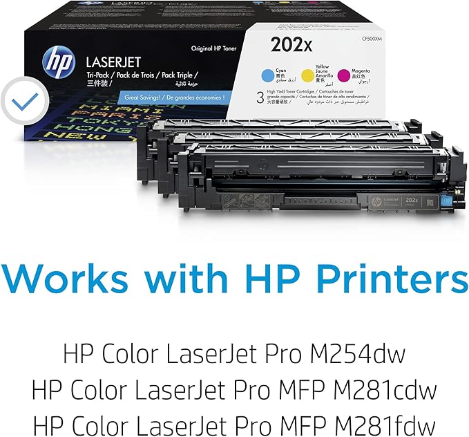 HP 202X Cyan, Magenta, Yellow High-Yield Toner Cartridge Printers (3-Pack) | Works with Color LaserJet Pro M254, Color LaserJet Pro MFP M281 Series | CF500XM