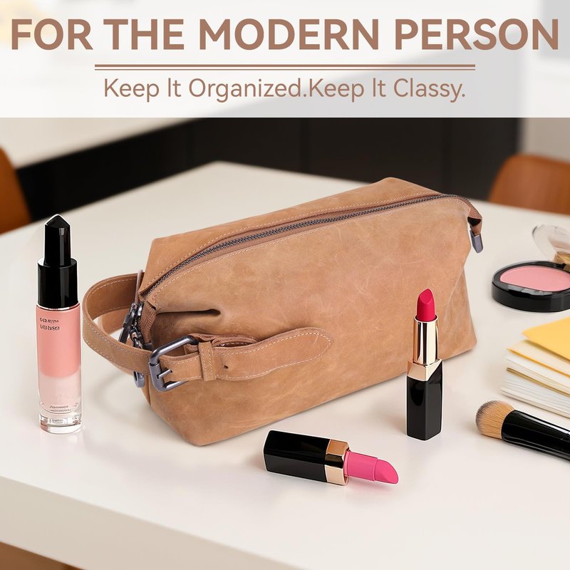 MCKDERWRILL Multi-functional Leather Travel Toiletry Bag - Full-grain leather Water-Resistant Travel, Shaving & Cosmetic Organizer for Men & Women - Compact Bathroom Essentials (Brown)