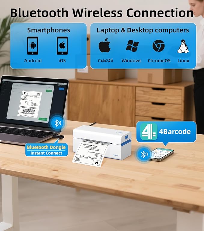 ORGSTA Bluetooth Thermal Shipping Label Printer: Wireless Computer Connection with Bluetooth Dongle, 4x6 Label Maker for Small Business, Compatible with iPhone, Android, Windows, Mac, Linux & Shopify