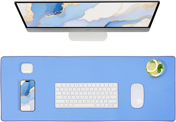 ALOANES Blue Waterproof Desk Mat, Large, with Extended Mouse Mat, Office Desk Protector with Anti-Slip Base, Stitched Edge, Grain Jacquard Surface, Perfect for Gamer, Home Large(27.6" x11.8"x0.12")
