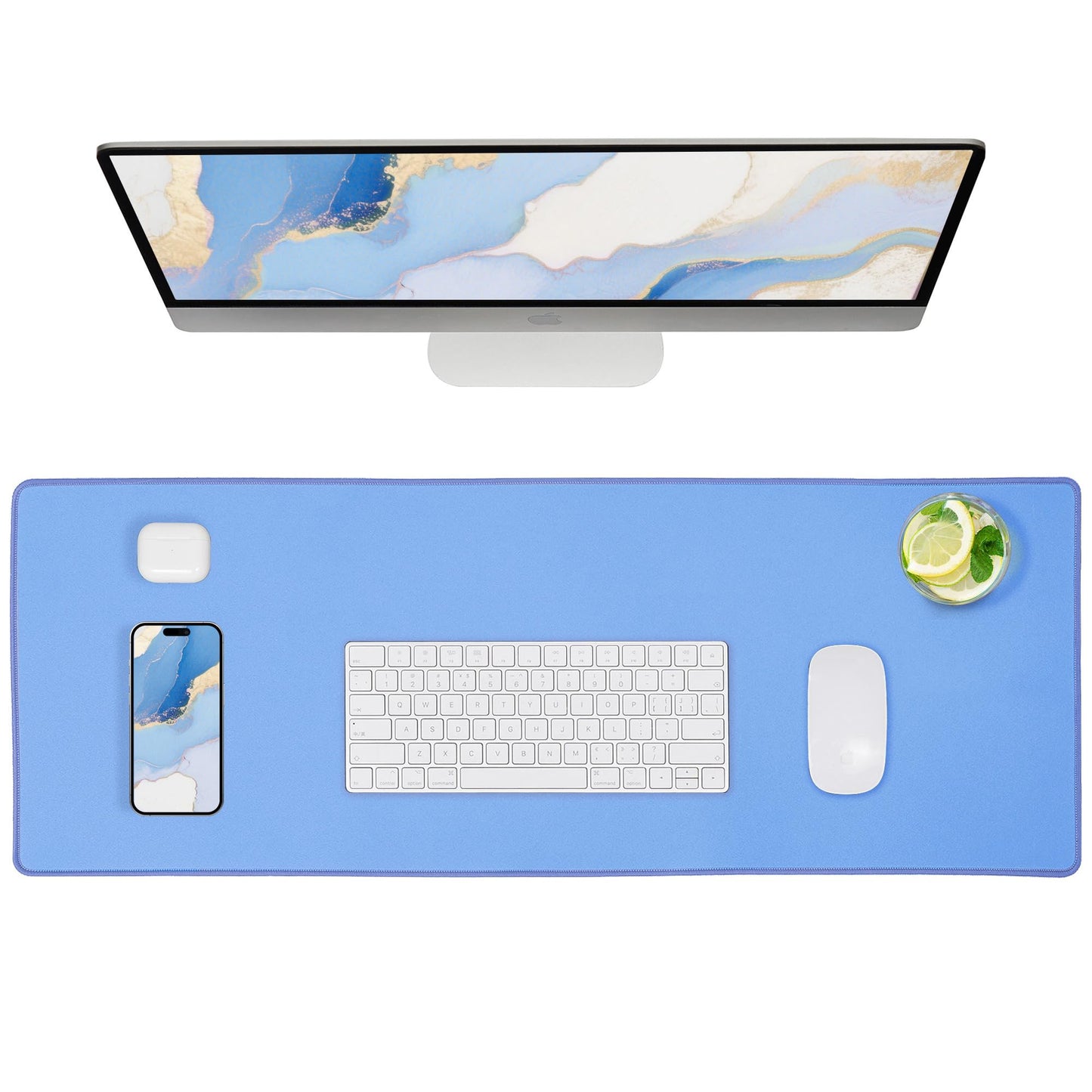 ALOANES Blue Waterproof Desk Mat, Large, with Extended Mouse Mat, Office Desk Protector with Anti-Slip Base, Stitched Edge, Grain Jacquard Surface, Perfect for Gamer, Home Large(27.6" x11.8"x0.12")