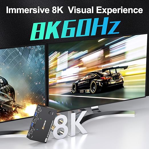 KVM Switch 2 Monitors 2 Computers 8K@60Hz/4K@144Hz, HDMI Displayport KVM Switches for 2 PC Sharing Dual Monitor and Keyboard Mouse with Power Adapter, Wired Extend Controller and USB3.0
