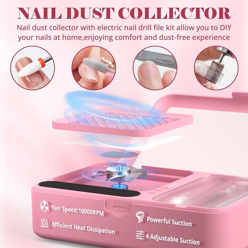 Nail Dust Collector & Cordless Electric Nail Drill Kit | Professional Manicure & Pedicure with 13 Bits - Pink