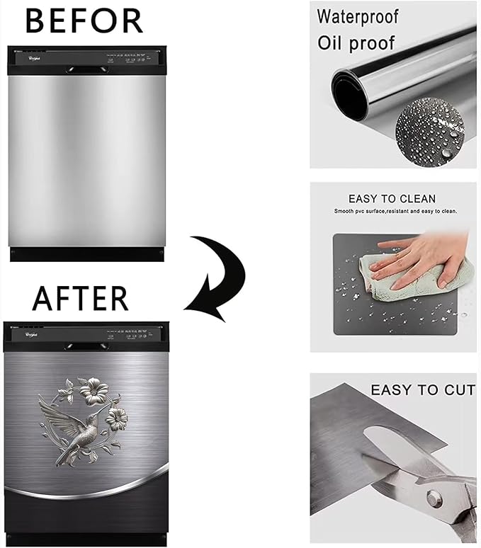 Grey Metal Silver Bird with Flower Pattern Magnetic Dishwasher Cover Sheet Polishing Steelbird Dishwasher Skin Decor Silver Texture 23X26 INCH Magnet Rerigerator Kitchen Panel Decal Sticker