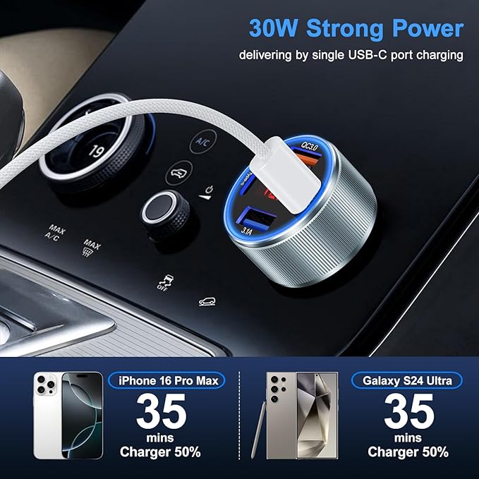 Car Phone Charger for iPhone 17 16 15, Besgoods USB C Car Charger Adapter 4 Ports with Voltmeter PD&QC Fast Charging Cigarette Lighter for Galaxy S25 S24 S23 A16 Dash Cam, with 6ft USB C to C Cable