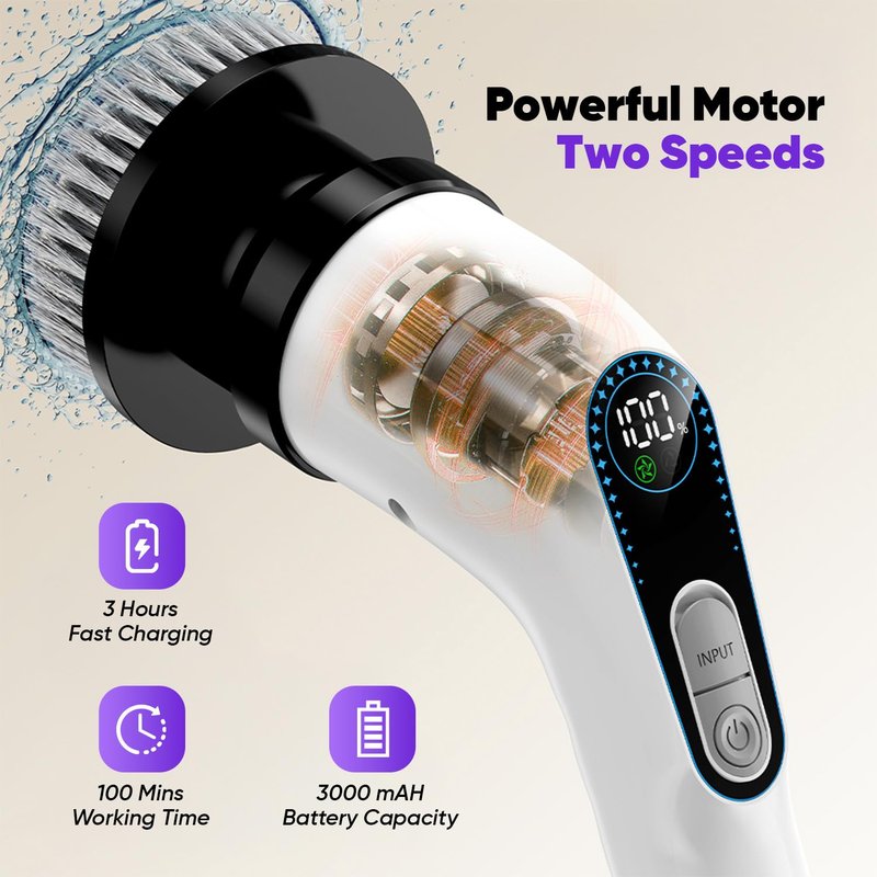 848 Store Electric Spin Scrubber Cordless – Powerful Bathroom Cleaning Brush with Long Handle, 2 Speeds, 3000mAh Rechargeable, 7 Brush Heads, Wall Hanger & Crevice Tools – Shower, Tub & Tile Cleaner