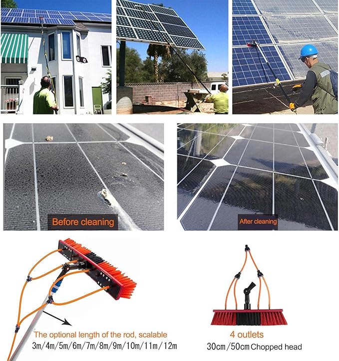 Cleaning Photovoltaic and Solar Panels,Window Clean, Glass Wall Cleaning, 3-12m Washing Set Equipment Extension Pole Cleaning for Trucks Windows/10m Rod/50cm Brush Head Roof