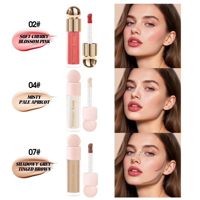 Liquid Contour,Liquid Highlighter, Blush with Face Brush Long Lasting Smooth Lightweight Smudge Proof Contour+ Blush+ Highlighter