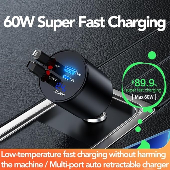 Retractable Car Charger,5 in 1 PD Car Phone Charger with Bluetooth 5.3 FM Transmitter,Handsfree Call and MP3 Player,2 Retractable Cables and USB Charging Adapter for Cars Phone,Galaxy,Pixel(Black)
