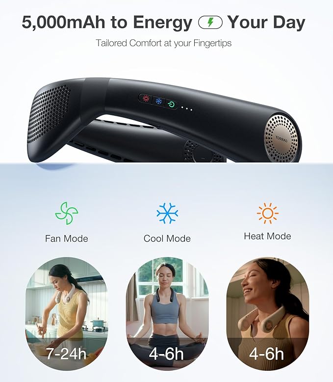 TORRAS COOLiFY Air 2026 Upgraded Neck Fan Air Conditioner, Dual-Airflow Pro Cooling, Ultra Light Portable Fan Rechargeable, Personal Cooling Fan Travel Essentials, Gift for Dad Husband Father, Black