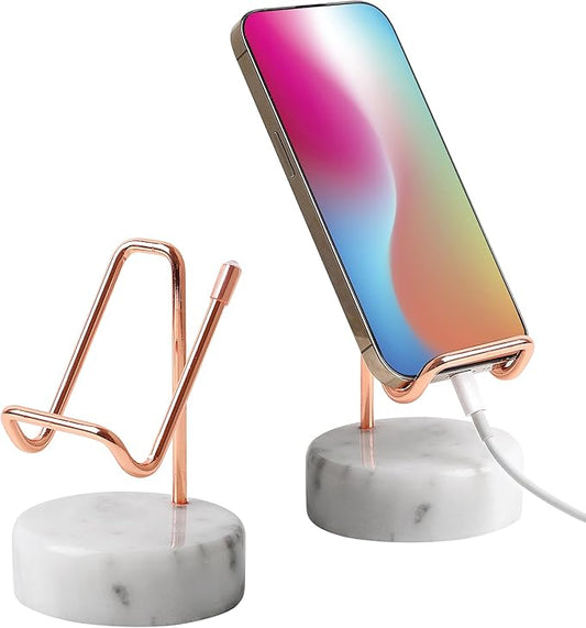 TransMarble Marble Phone Stand with Metal Holder, Charging Available While Using, Swipe Up to Unlock, Made of Natural Marble as Business Card Holder for Office Desk (Starry White + Rose Gold)