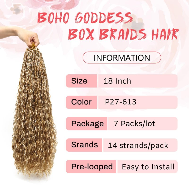 Eeanno Goddess Box Braids Crochet Hair 18 Inch 7 Packs Mixed Blonde 613 Boho Crochet Hair for Women Pre Looped Crochet Box Braids with Curly Ends, P27613