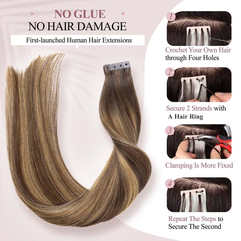 WIGER No Glue No Clips Highlighted Brown Straight Human Hair Extensions Ombre Brown Mixed Blonde Micro Bead Extensions Insert Skin Weft 18 In Balayage Remy Hair Extensions(40g, 20 Pcs)