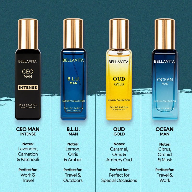 Bellavita Luxury Men's Luxury Perfume Gift Set with Gold Oud,OCEAN, B.L.U., & CEO Man Intense | 80ml | Perfume for Men and Women | Lavender, Bergamot, and Caramel Notes | Long Lasting Unisex Fragrance