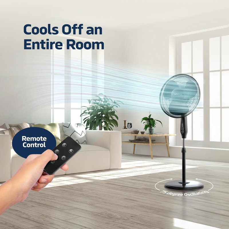 NEXAIR Oscillating 16 Inch Pedestal Stand Up Quiet Operating Room Fan With Remote Control, 3 Speed, with Adjustable Height, Standing Fan Great For Office & Living Room