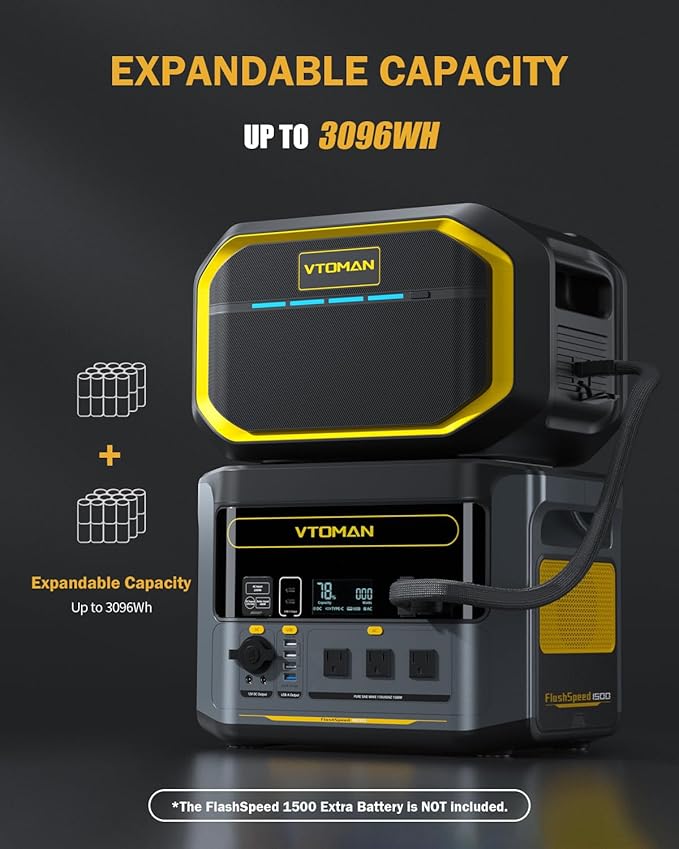 VTOMAN FlashSpeed 1500 Portable Power Station with Extra Battery - 3096Wh/1500W(3000W Peak) Solar Generator with LiFePO4 Battery, 100W USB-C, 60 Min Fast Charging 0-80% for Camping, Emergency, RV