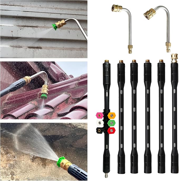 Pressure Washer Gutter Cleaning Tools, Upgrade Power Washer Extension Wand with 6 Nozzle Tips, Replacement Power washer Lance with 1/4" Quick Connect 90Â°, 120Â° curved rod, 4000 PSI