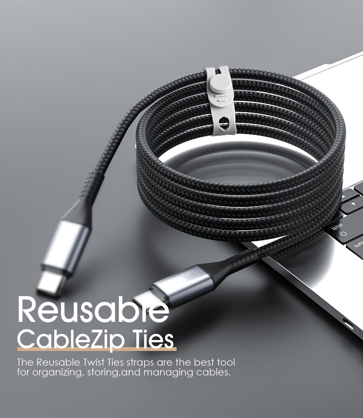 20Pcs Nearockle Silicone Cable Ties, 5.12 Inch Adjustable Cord Organizer Reusable Zip Ties for Charging Cords Earphone Computer Wire, Office Desk Cable Management Travel Accessories(White)