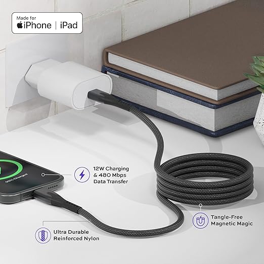 Statik MagStack USB A to Lightning Cable MFi Certified, Clutter-Free Magnetic Charging Cable, Anti-Tangle Phone Charger Cord, 12W, Compatible with iPhone & iPad, 6FT