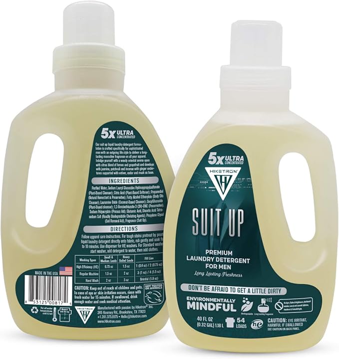 Hiketron Suit Up Liquid Laundry Detergent, 5x Ultra Concentrated, Tough Stains Remover, Long Lasting Masculine Scent (40 Fl Oz, Pack of 1)