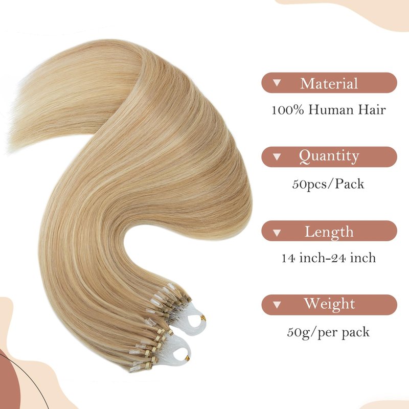 TESSHAIR Micro Loop Hair Extensions, 100% Remy Human Hair, Microlink Extensions, No Tangle & Smooth, 50 Strands 50g, 14 Inch #Bleach Blonde