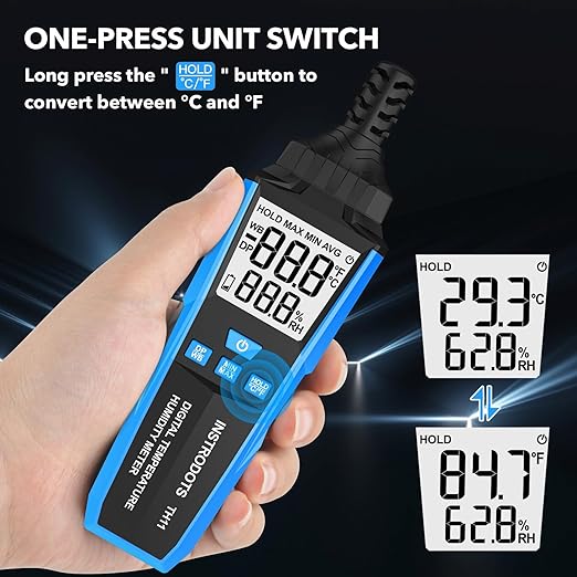 INSTRODOTS Temperature Humidity Meter, High Precision Digital Hygrometer with Ambient, Dew Point, Wet Bulb Temperature for Indoor Outdoor, Thermometer with Min/Max, Data Hold, LCD Backlight, TH11