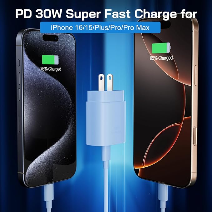 30W USB C i Phone 17 16 15 Charger Fast Charging, 2PACK Wall Charger for iPhone 16 15 Pro Max Charger Cord 10FT Fast Type C Block for iPhone 17 Pro Max/17 Air/16/15 Plus/15 Pro Max,i Pad Pro, Blue