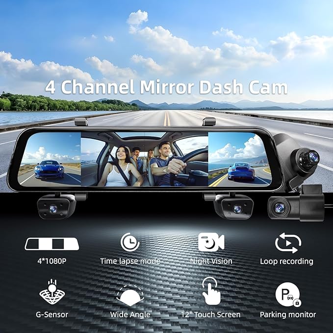2026 Rearview Mirror Camera,4 Channel Mirror Dash Cam Front and Rear,Rear View Mirror Backup Camera for Cars & Trucks,12" Touch Screen,Built-in 5.8GHz WiFi,GPS,IR Night Vision,Free 128GB SD Card