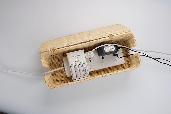 PEMAR Natural Rattan Wicker Cable Management Box, Cable Organizer, 2 Open Slots, Under Desk Cord Organizer, Cover & Hide Power Strips for TV Desk, Computer, Router, USB Hub (Bright Natural Color)