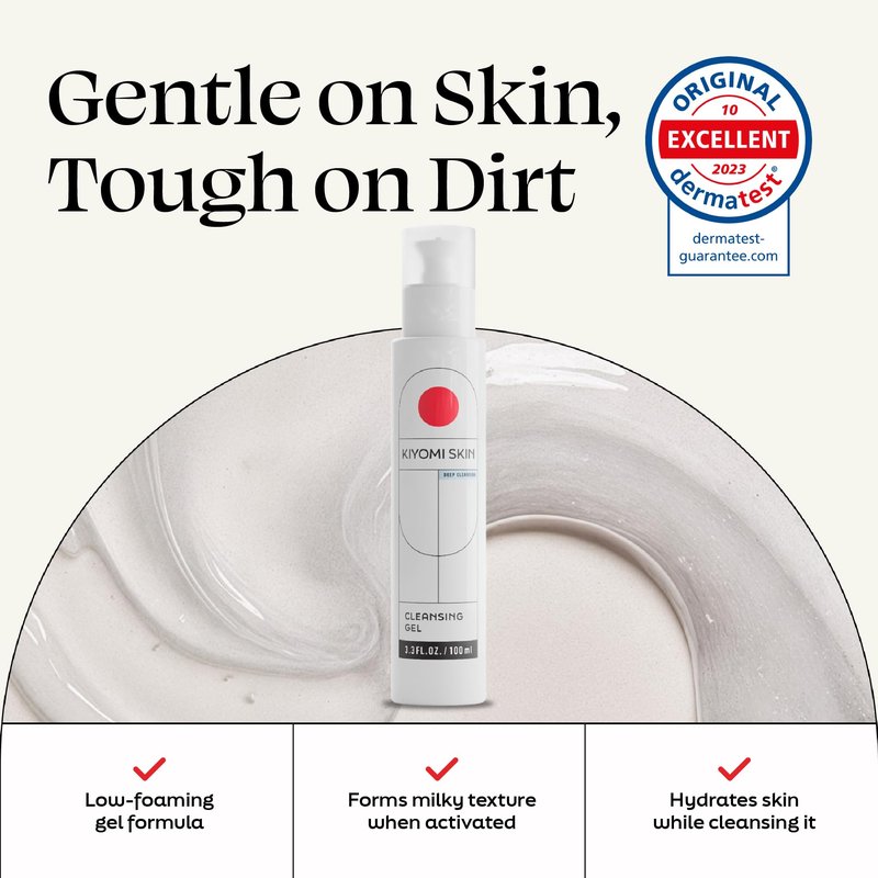 Kiyomi Skin Cleansing Gel - Hydrating Facial Cleanser with AHA Complex, Hyaluronic Acid & Snow Mushroom Extract - Gentle Low Foam Face Wash for All Skin Types - Vegan & Made in Germany - 3.3 Fl Oz
