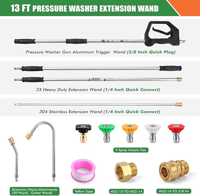 Gutter Cleaning Tools From the Ground, 13 FT Pressure Washer Extension Wand, Power Washer Lance With 5 Pressure Washer Spray Nozzle Tips, 30Â°, 120Â° Gutter Cleaner Curved Rod for Wall Roof Gutter