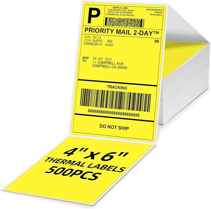 Omezizy 4x6 Thermal Labels, 1 Packs of 500 4x6 Fold Labels Yellow - Compatible with JADENS, ASprink, Phomemo, Rollo, Zebra, Omezizy and Other Thermal Printers