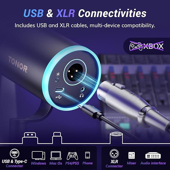 TONOR Dynamic Podcast Microphone, XLR/USB Mic for Recording, Streaming, XLR Cardioid Studio Mic with Quick Mute, Volume Control, 200 cm/78inch Cable, with RGB and Low Profile Boom Arm, Black, TD520S+