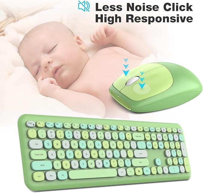 KNOWSQT Wireless Keyboard and Mouse Combo, Pale Green Full-Sized 2.4G Silent Keycap Colorful Keyboards, USB Dongle Plug Play, Laptop, Windows, PC, Mac, Desktop