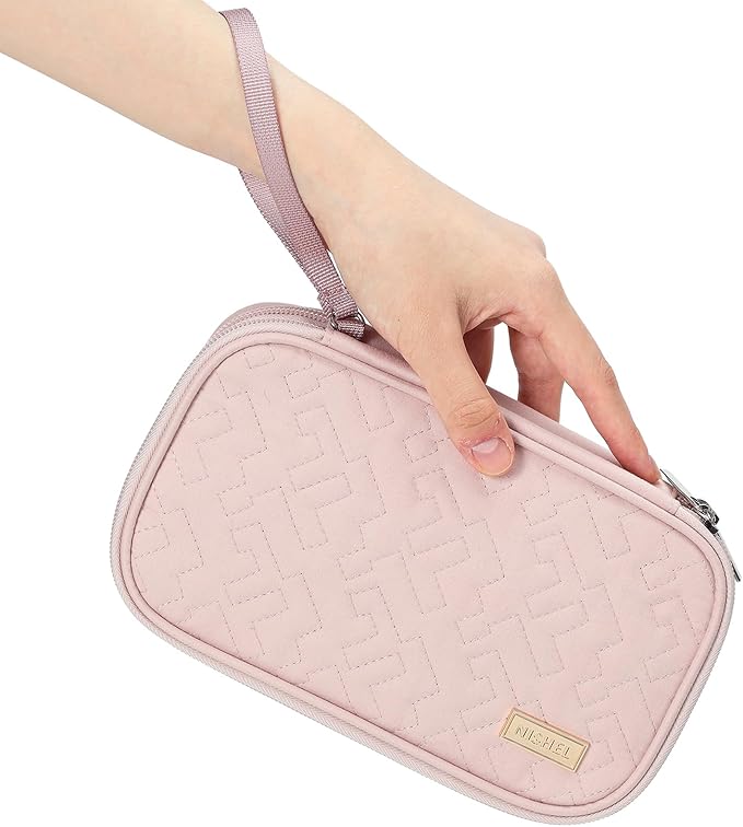 NISHEL Travel Cord Organizer Case, Double Layers Tech Electronic Bag, Essentials for Charger, Cable, Phone, Flash drive, Medium, Pink